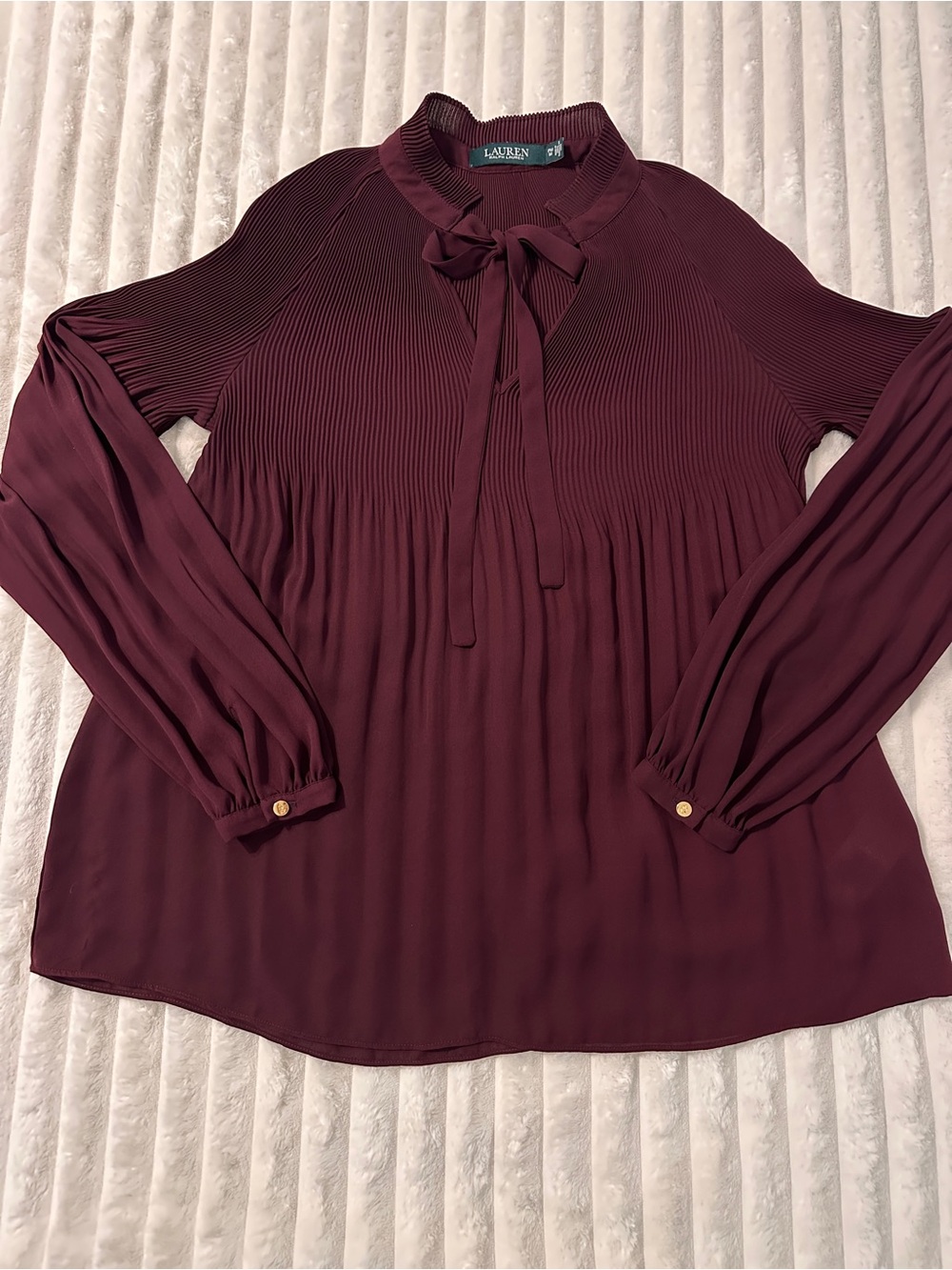 LAUREN Ralph Lauren Burgundy Bow-Tie Pintuck Blouse - Picture 4 of 9